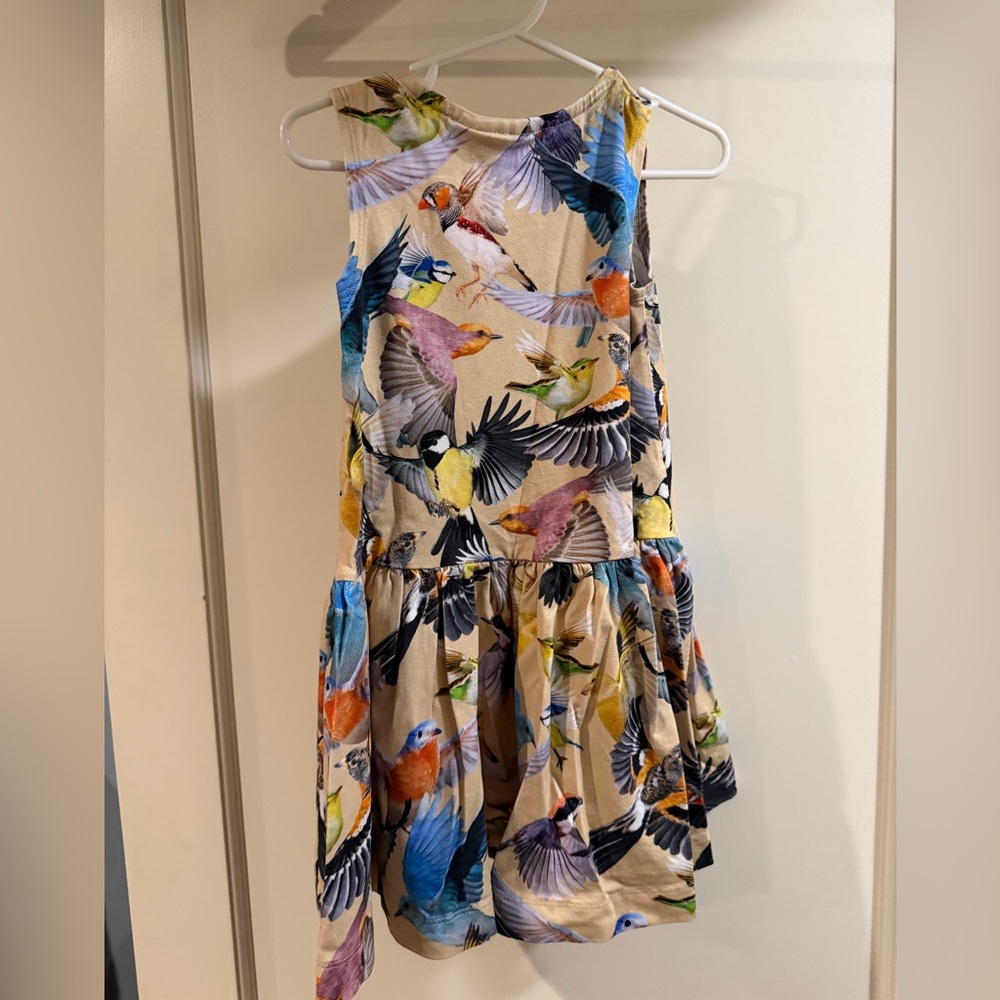 Molo Beige Sleeveless Dress with Multicolored Bird Print